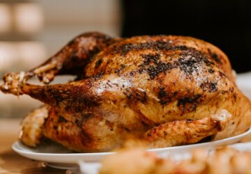 roasted chicken on white ceramic plate
