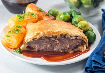 Beef Wellington with mushroom Duxelles, served with brussels sprouts and Chateau potato, horizontal