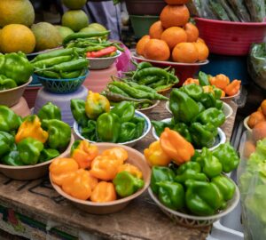 Green and orange peppers on display at a market in Mexico