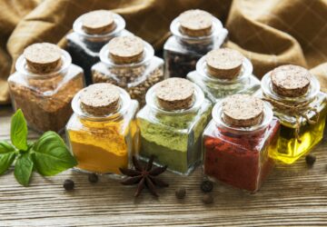 Jars with dried herbs, spices