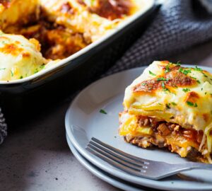 Portion of Greek potato and meat casserole