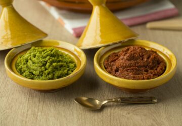Red and green harissa close up