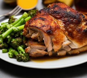 Traditional modern style braised slow cooked leg of lamb in red wine sauce