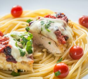 Baked chicken with parmesan and mozzarella