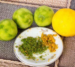 Peeled limes and fresh zest.